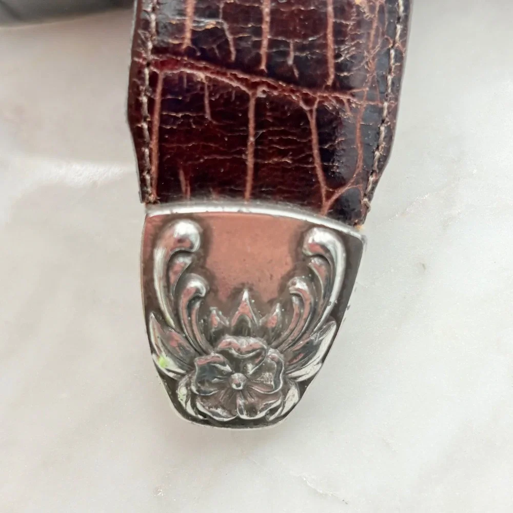 Brighton Croc Embossed Leather Belt Women Large Brown Floral Silver Buckle 24009